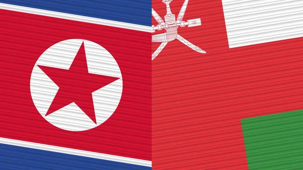 オマーンと北朝鮮2枚のハーフフラグ ファブリックテクスチャイラスト — ストック写真