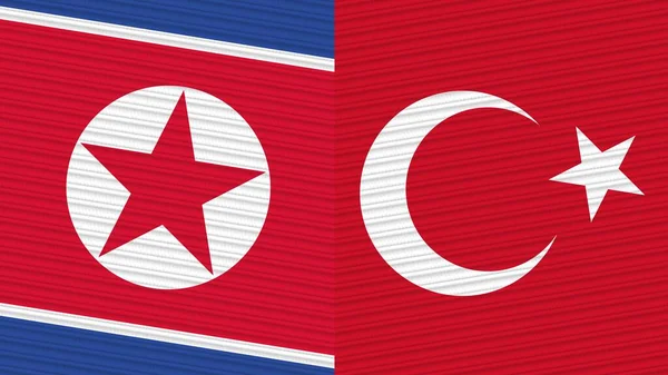 Turkey North Korea Two Half Flags Together Fabric Texture Illustration — Stock Photo, Image