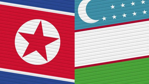 Uzbekistan Corea Del Nord Due Mezze Bandiere Insieme Tessuto Texture — Foto Stock