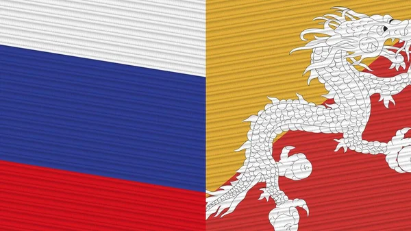 Bhutan Rusland Twee Halve Vlaggen Samen Stof Textuur Illustratie — Stockfoto