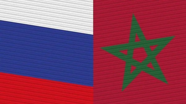 Morocco Russia Two Half Flags Together Fabric Texture Illustration — Stock Photo, Image