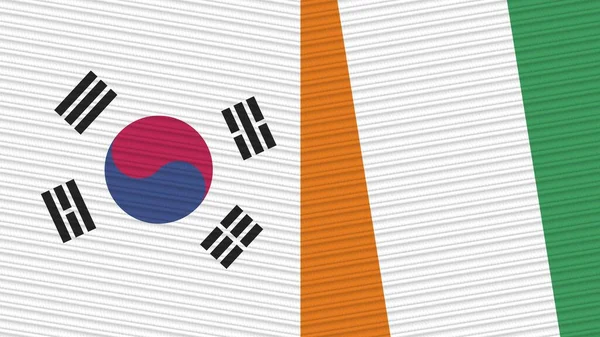 Cote Lvoire South Korea Two Half Flags Together Fabric Texture — Stock Photo, Image