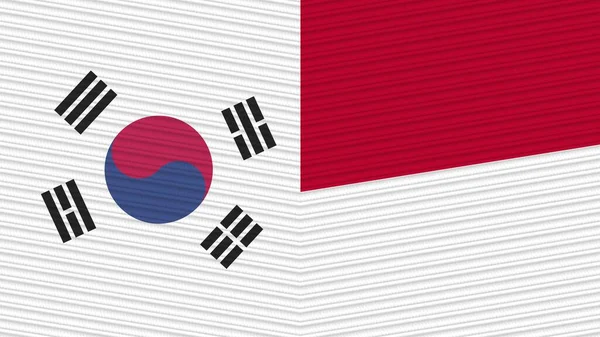 Indonesien Och Sydkorea Två Halva Flaggor Tillsammans Tyg Textur Illustration — Stockfoto