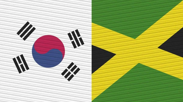 Jamaica Zuid Korea Twee Halve Vlaggen Samen Stof Textuur Illustratie — Stockfoto