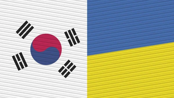 Ukraina Och Sydkorea Två Halva Flaggor Tillsammans Tyg Textur Illustration — Stockfoto