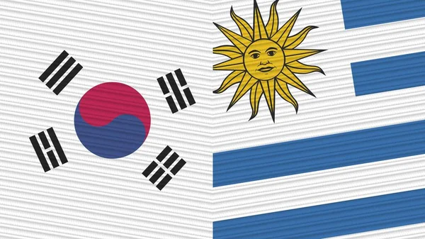 Uruguay Corea Del Sud Due Mezze Bandiere Insieme Tessuto Texture — Foto Stock