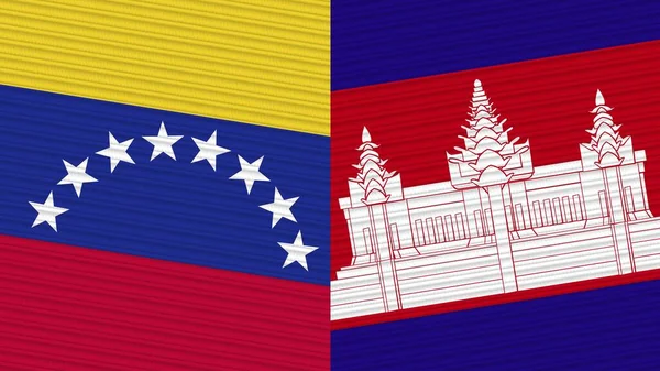 カンボジアとベネズエラ2枚のハーフフラグ ファブリックテクスチャイラスト — ストック写真