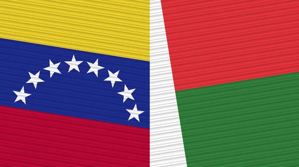 Madagaskar Och Venezuela Två Halva Flaggor Tillsammans Tyg Textur Illustration — Stockfoto