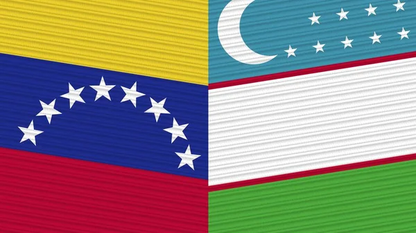 Uzbekistan Och Venezuela Två Halva Flaggor Tillsammans Tyg Textur Illustration — Stockfoto