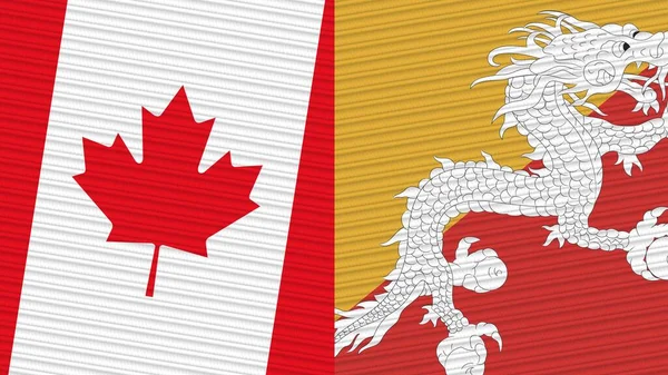 Bhutan Canada Twee Halve Vlaggen Samen Stof Textuur Illustratie — Stockfoto