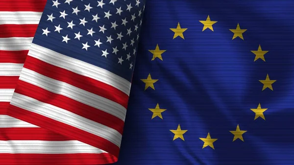 Unia Europejska Stany Zjednoczone Ameryki Realistyczna Flaga Tekstura Tkaniny Ilustracja — Zdjęcie stockowe