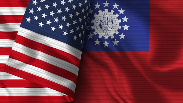 缅甸和美利坚合众国的实际国旗面料3D插图 — 图库照片