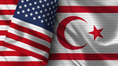 Kuzey Kıbrıs Türk Cumhuriyeti ve Amerika Birleşik Devletleri Gerçekçi Bayrak Kumaşı Dokusu 3D Görüntü