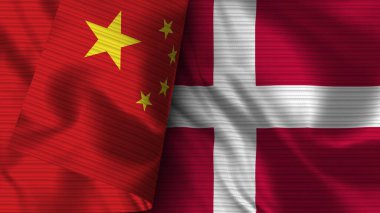 Danimarka ve Çin Gerçekçi Bayrak Kumaşı Dokusu 3B Görüntü