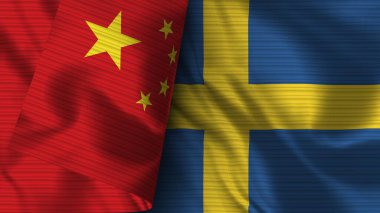 İsveç ve Çin Gerçekçi Bayrak Kumaşı Dokusu 3D Görüntü