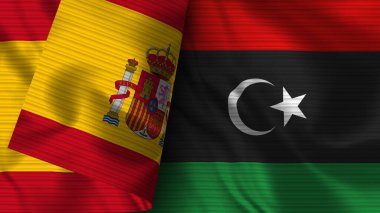 Libya ve İspanya Gerçekçi Bayrak Kumaşı Dokusu 3B Görüntü