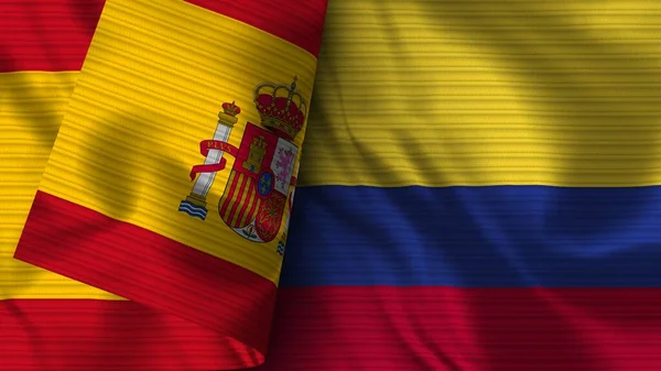 Kolumbien Und Spanien Realistische Flaggengewebe Textur Illustration — Stockfoto