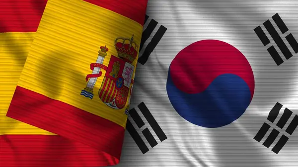 Jižní Korea Španělsko Realistické Vlajky Textilní Textura Ilustrace — Stock fotografie