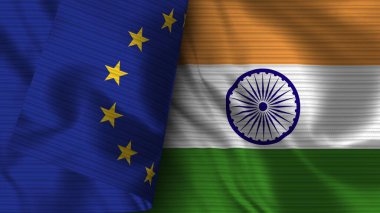 Hindistan ve Avrupa Birliği Gerçekçi Bayrak Kumaşı Dokusu 3D Görüntü