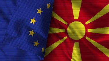 Makedonya ve Avrupa Birliği Gerçekçi Bayrak Kumaşı Dokusu 3B Görüntü
