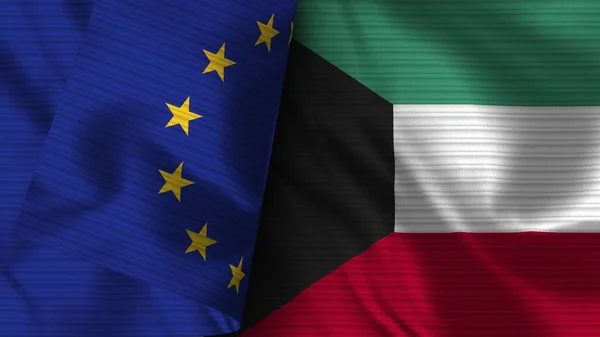 科威特和欧洲联盟实际国旗织物3D图解 — 图库照片