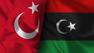 Libya ve Türkiye Gerçekçi Bayrak Kumaşı Dokusu 3B Görüntü