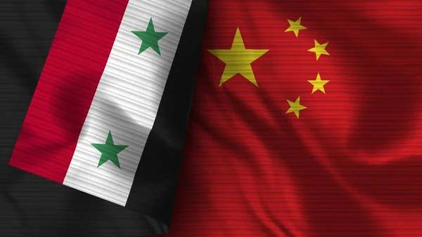 Kina Och Syrien Realistiska Flaggväv Textur Illustration — Stockfoto