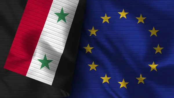 Europeiska Unionen Och Syrien Realistisk Flaggväv Textur Illustration — Stockfoto