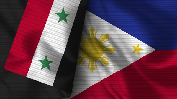 Filippijnen Syrië Realistische Vlag Stof Textuur Illustratie — Stockfoto