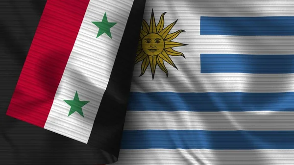 Uruguay Syrië Realistische Vlag Stof Textuur Illustratie — Stockfoto