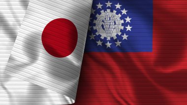 Myanmar Burma ve Japon Gerçekçi Bayrak Kumaşı Dokusu 3B Görüntü