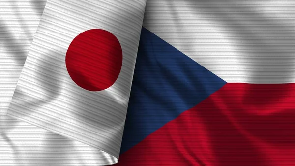 捷克共和国和日本的实际国旗面料3D图解 — 图库照片