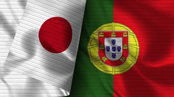 ポルトガルと日本 リアルな旗布テクスチャ3Dイラスト — ストック写真