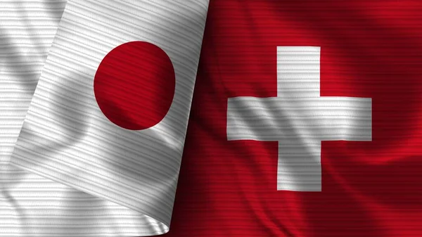 Schweiz Und Japan Realistische Flaggengewebe Textur Illustration — Stockfoto