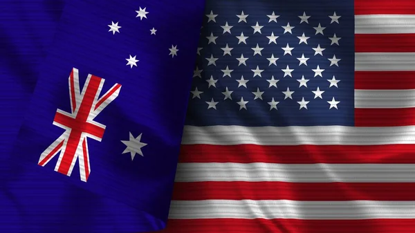 美利坚合众国和澳大利亚的实际国旗面料3D插图 — 图库照片