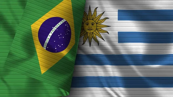Uruguay Brazilië Realistische Vlag Stof Textuur Illustratie — Stockfoto