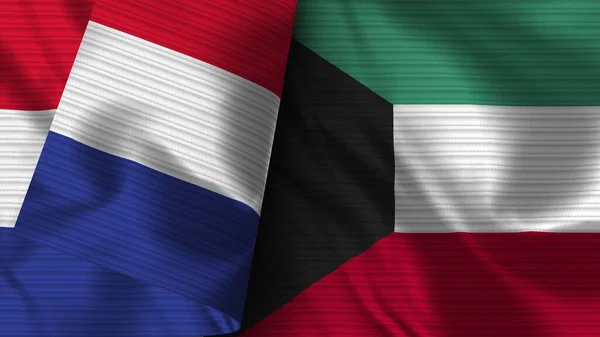 Kuwait France Realistic Flag Fabric Texture Illustration — Stock Photo, Image