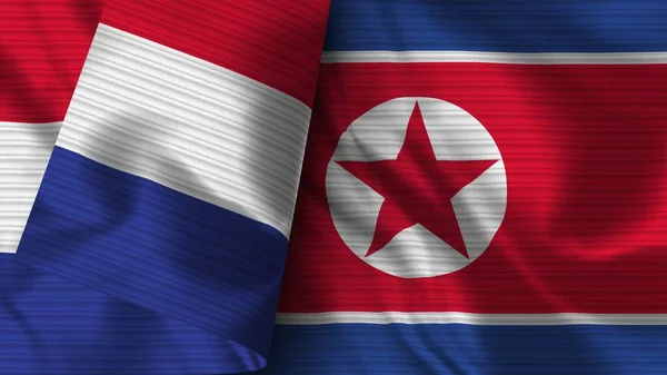 Βόρεια Κορέα Και Γαλλία Ρεαλιστική Σημαία Ύφασμα Εικονογράφηση — Φωτογραφία Αρχείου