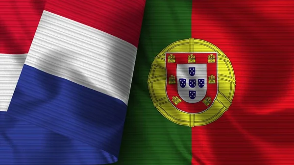 ポルトガルとフランス Realistic Flag Fabric Texture 3Dイラスト — ストック写真