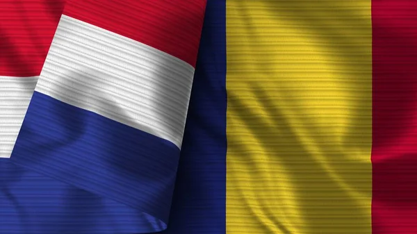 Rumänien Und Frankreich Realistische Flaggengewebe Textur Illustration — Stockfoto