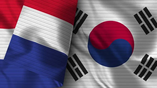 Jižní Korea Francie Realistické Vlajky Textilní Textura Ilustrace — Stock fotografie