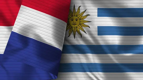 Uruguay Und Frankreich Realistische Flaggengewebe Textur Illustration — Stockfoto