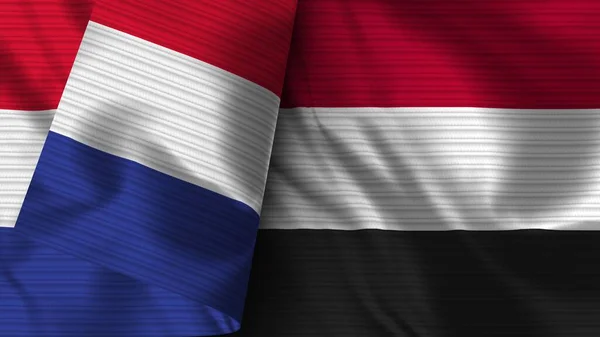 Yemen France Realistic Flag Fabric Texture Illustration — Stock Photo, Image