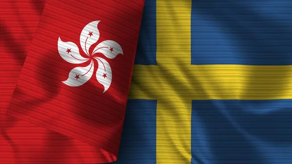 Szwecja Hongkong Realistyczna Flaga Tekstura Tkaniny Ilustracja — Zdjęcie stockowe