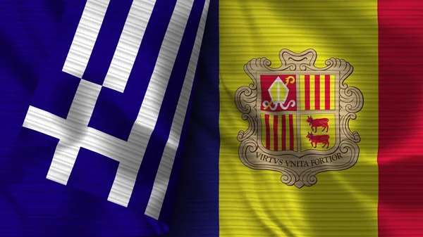 Andorra Görögország Realisztikus Zászló Szövet Textúra Illusztráció — Stock Fotó