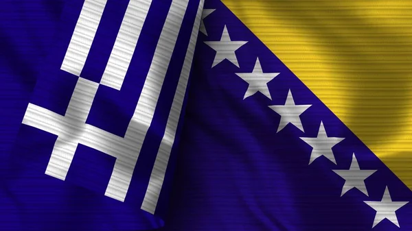 波斯尼亚和黑塞哥维那与希腊实际国旗面料3D插图 — 图库照片