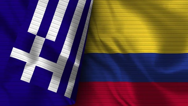 Kolumbia Görögország Realisztikus Zászló Szövet Textúra Illusztráció — Stock Fotó