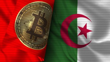 Cezayir ve Bitcoin Gerçekçi Bayrak Kumaşı Dokusu 3D Görüntü