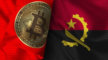 Angola ve Bitcoin Gerçekçi Bayrak Kumaşı Dokusu 3B Görüntü