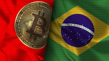 Brezilya ve Bitcoin Gerçekçi Bayrak Kumaşı Dokusu 3B Görüntü